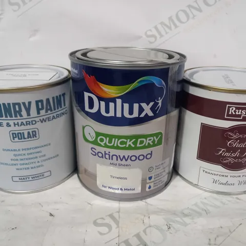 LOT OF APPROXIMATELY 5 ASSORTED HOUSEHOLD ITEMS TO INCLUDE RUSTINS CHALKY FINISH PAINT, DULUX QUICK DRY SATINWOOD MID-SHEEN, MASONRY PAINT, ETC