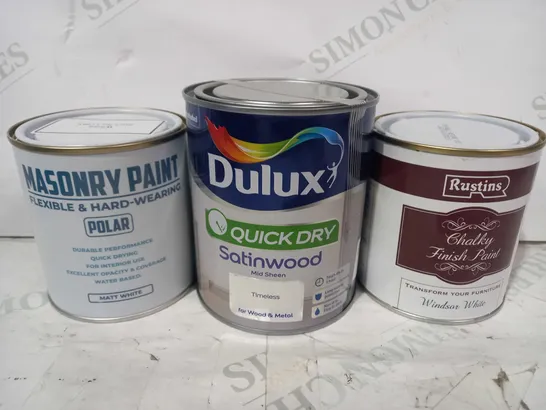 LOT OF APPROXIMATELY 5 ASSORTED HOUSEHOLD ITEMS TO INCLUDE RUSTINS CHALKY FINISH PAINT, DULUX QUICK DRY SATINWOOD MID-SHEEN, MASONRY PAINT, ETC