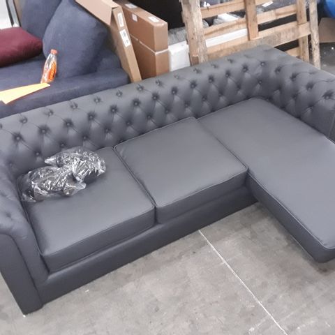 DESIGNER CHARCOAL LEATHER FIXED 3 SEATER CHESTERFIELD SOFA 