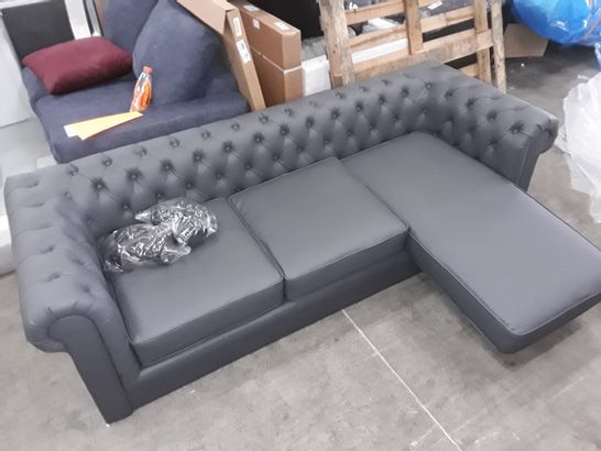 DESIGNER CHARCOAL LEATHER FIXED 3 SEATER CHESTERFIELD SOFA 
