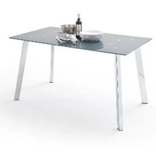 BRAND NEW BOXED ROBBIE GREY GLASS DINING TABLE WITH CHROME LEGS 140×75×80CM (2 BOXES)