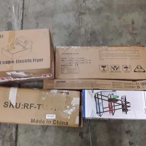 PALLET OF ASSORTED PRODUCTS INCLUDING ELECTRIC FRYER, BED RAIL GUARD, PVC CHAIR MAT, 3 TIER FRUIT BASKET