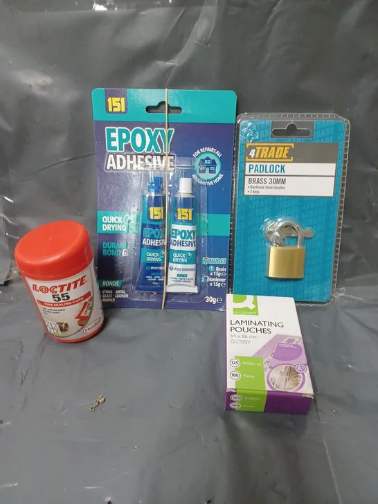 BOX OF APPROXIMATELY 15 ASSORTED HOUSEHOLD ITEMS TO PADLOCK, LAMINATING POUCHES AND EPOXY ADHESIVE