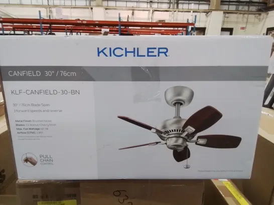 BOXED KICHLER CANFIELD 30" BRUSHED NICKEL AND WALNUT FINISH CEILING FAN LIGHT