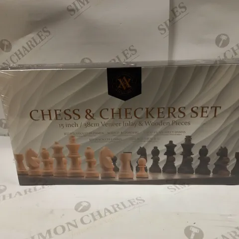 BOXED AND SEALED ALEX H AND ABEL C CHESS AND CHECKERS SET 15" VENEER INLAY AND WOODEN PIECES