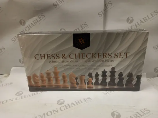 BOXED AND SEALED ALEX H AND ABEL C CHESS AND CHECKERS SET 15" VENEER INLAY AND WOODEN PIECES