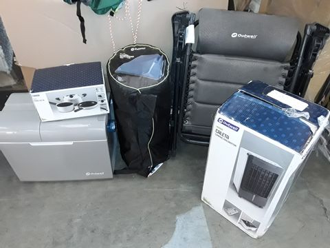 PALLET OF ASSORTED OUTDOOR AND CAMPING ITEMS TO INCLUDE OUT WELL SELF INFLATING MATTRESS, CAMPING AIRCONDITIONER, ELECTRIC COOLING HOSES AND FOLDING CHAIRS 