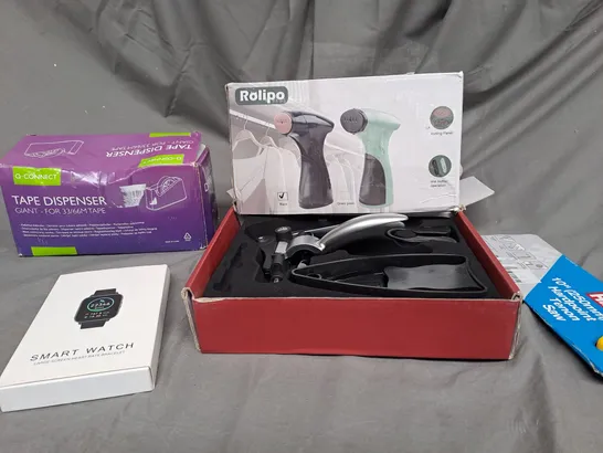 BOX OF APPROXIMATELY 15 ASSORTED ITEMS TO INCLUDE -SMART WATCH, TAPE DISPENSER, CORKSCREW SET ETC