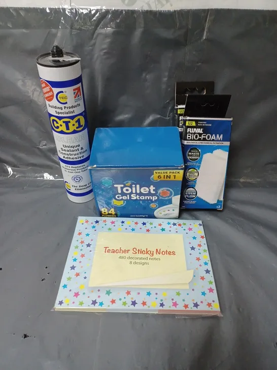 BOX OF APPROXIMATELY 15 ASSORTED HOUSEHOLD ITEMS TO INCLUDE TOILET GEL STAMPS, CLEAR SEALANT AND TEACHER'S STICKY NOTES