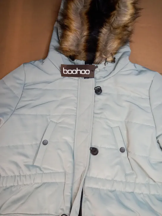 BOOHOO FAUX FUR TRIM MOUNTAINEERING PARKA IN MINT COLOUR UK SIZE 10