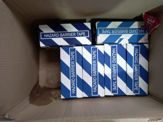 BOX OF APPROXIMATELY 7 ASSORTED ROLLS OF DESIGNER HAZARD BARRIER TAPE