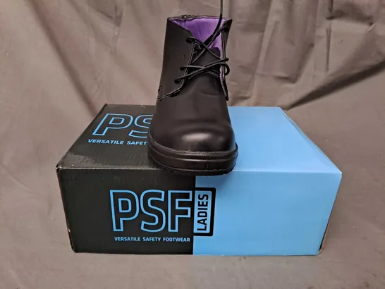 BOX OF APPROXIMATELY 8 BOXED PAIRS OF PSF LADIES SAFETY BOOTS IN BLACK SIZE 4