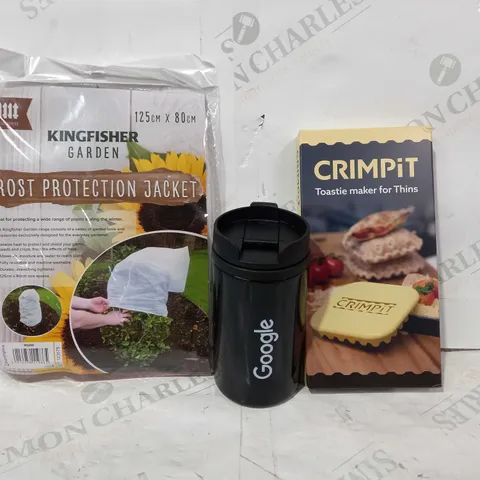 BOX OF APPROXIMATELY 10 ASSORTED HOUSEHOLD ITEMS TO INCLUDE CRIMPIT TOASTI MAKER FOR THINS, GOOGLE TRAVEL MUG, KINGFISHER GARDEN FROST PROTECTION JACKET, ETC