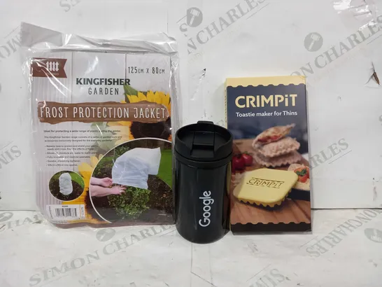 BOX OF APPROXIMATELY 10 ASSORTED HOUSEHOLD ITEMS TO INCLUDE CRIMPIT TOASTI MAKER FOR THINS, GOOGLE TRAVEL MUG, KINGFISHER GARDEN FROST PROTECTION JACKET, ETC