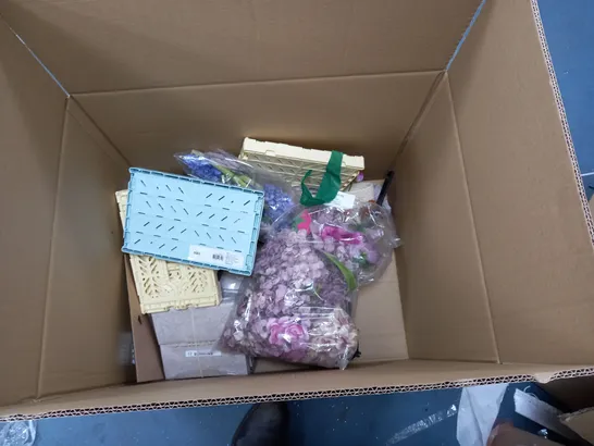 BOX OF ASSORTED ITEMS TO INCLUDE A WICKER LATTERN, A WICKER BASKET AND A SELF ADHESIVE FILM
