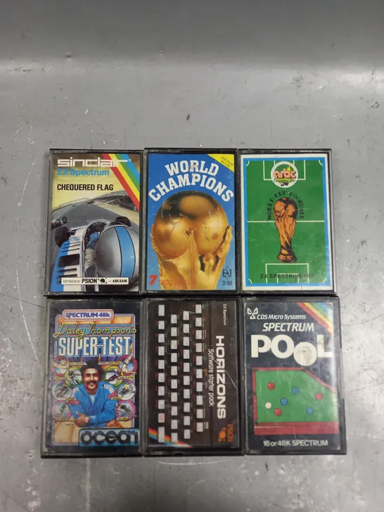 6 X ASSORTED RETRO SPECTRUM VIDEO GAME TAPES TO INCLUDE WORLD CAMPIONS, SPECTRUM POOL, CHEQUERED FLAG ETC