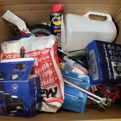 BOX CONTAINING MIXED ITEMS INCLUDING MINI AIR COMPRESSOR, PAINT MIXER, WD-40