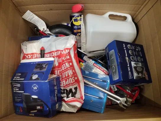 BOX CONTAINING MIXED ITEMS INCLUDING MINI AIR COMPRESSOR, PAINT MIXER, WD-40