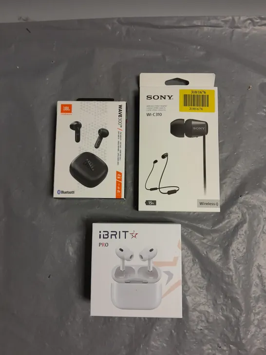 LOT OF 3 WIRELESS HEADSETS TO INCLUDE JBL WAVE3OO TRUE WIRELESS EARBUDS, SONY WI-C310 WIRELESS STEREO HEADSET AND IBRIT PRO WIRELESS EARBUDS