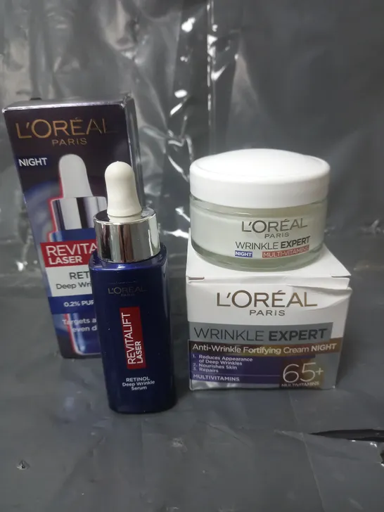 LOT OF 2 L'OREAL PARIS SKINCARE PRODUCTS TO INCLUDE ANTI-WRINKLE NIGHT CREAM 50ML AND RETINOL DEEP WRINKLE SERUM 30ML