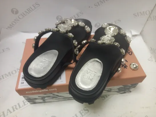 BOXED OZWELL BLACK SATIN CLEAR STONE SLIP SANDLES - SIZE 38