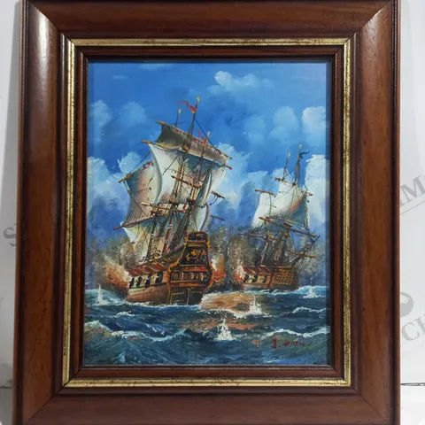 SIGNED J. HARVEY FRAMED OIL PAINTING OF EARLY 19TH CENTURY SHIPS