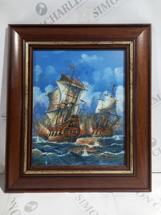 SIGNED J. HARVEY FRAMED OIL PAINTING OF EARLY 19TH CENTURY SHIPS