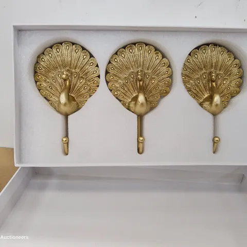 BOXED SET OF THREE ALISON CORK PEACOCK WALL HOOKS IN GIFT BOX