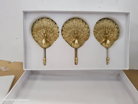 BOXED SET OF THREE ALISON CORK PEACOCK WALL HOOKS IN GIFT BOX