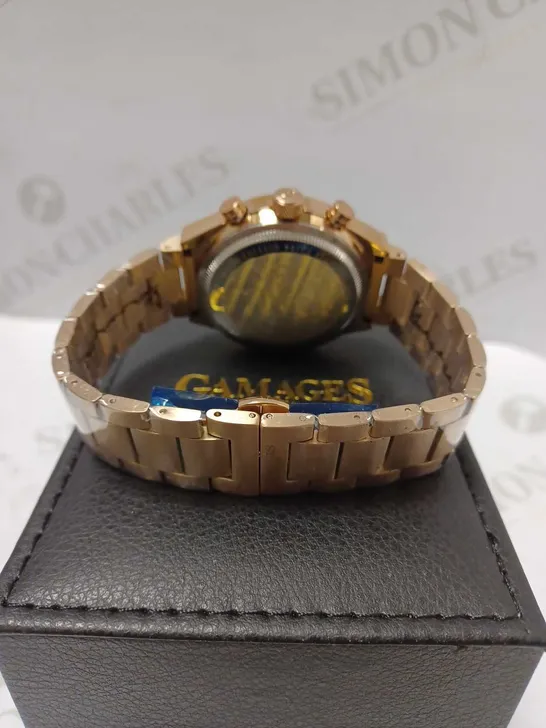 GAMAGES ENTERPRISE ROSE TRIPLE DATE DIAL TACHYMETER BRACELET STRAP WRISTWATCH