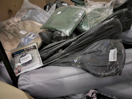 PALLET OF ASSORTED ITEMS INCLUDING YOGA MATS, LED SWING BALLS, CAMOUFLAGE RUCK SACKS, SANDPIT COVERS, COOLING TOWELS.