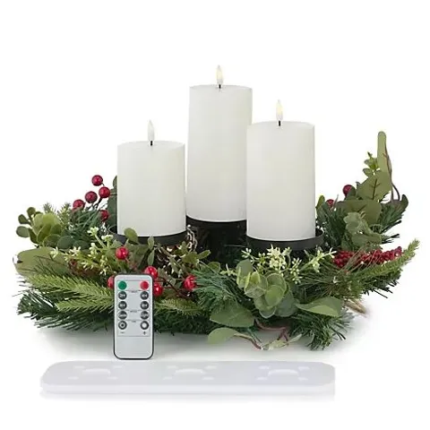 HOME REFLECTIONS 3 IN 1 WREATH & RECHARGEABLE FLAMELESS CANDLES 