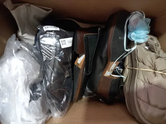 BOX OF APPROXIMATELY 8 ASSORTED PAIRS OF SHOES AND FOOTWEAR ITEMS IN VARIOUS STYLES AND SIZES TO INCLUDE INSOLIA, M&S, ETC