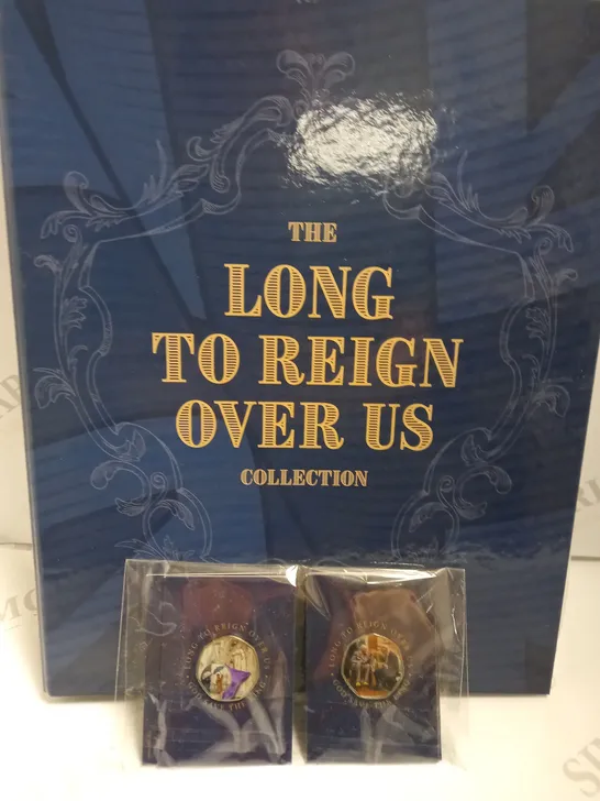 THE LONG TO REIGN OVER US COLLECTORS BOOK WITH ASSORTED COLLECTABLE 50P COINS