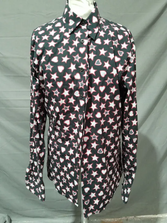 PRADA LONG SLEEVE STARS AND HEARTS SHIRT IN BLACK/RED/WHITE SIZE 40