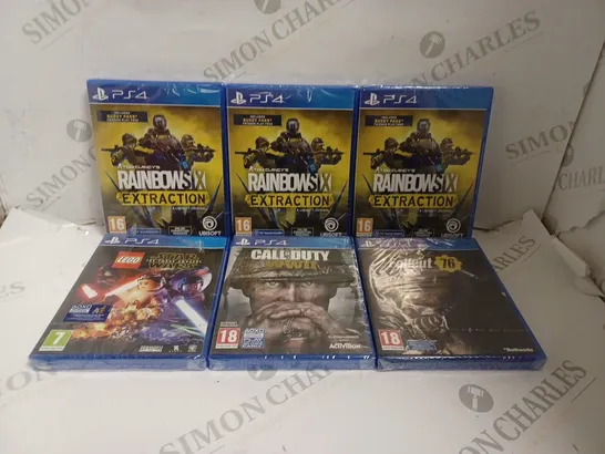 6 X SEALED ASSORTED PLAYSTATION 4 VIDEO GAMES TO INCLUDE RAINBOW 6 EXTRACTION, LEGO STAR WARS, FALLOUT 76 & CALL OF DUTY WWII