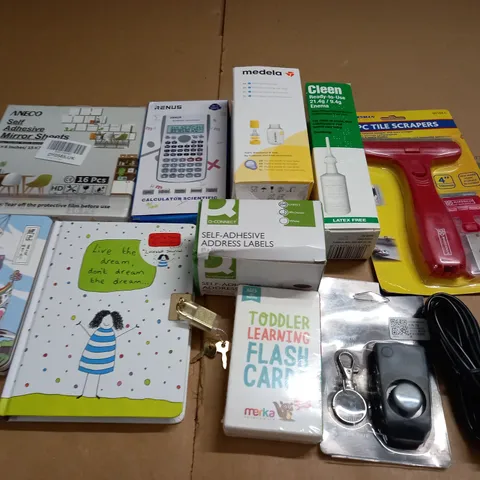 LOT OF ASSORTED HOUSEHOLD ITEMS TO INCLUDE SELD ADHESIVE MIRROR SHEETS, SCIENTIFIC CALCULATOR AND LOCKABLE JOURNAL