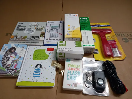 LOT OF ASSORTED HOUSEHOLD ITEMS TO INCLUDE SELD ADHESIVE MIRROR SHEETS, SCIENTIFIC CALCULATOR AND LOCKABLE JOURNAL