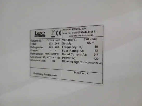 LEC PPSR273UK FREESTANDING PHARMACY CONTROL PLUS FRIDGE - SOLID DOOR 273 LITRES