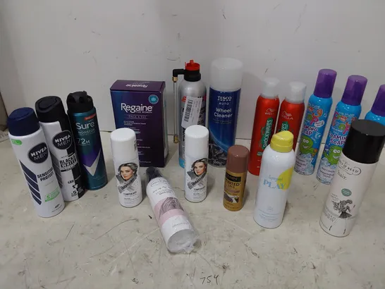 TWO TOTES OF ASSORTED AEROSOLS INCLUDING, SNOW SPRAY, 2 × WOMENS REGAINE, BODY SPRAYS BY LYNX, NIVEA, SURE, AIR WICK KIT, HOLTS TYREWELD, TYRE CLEANER, FOAMING SOAP, HAIR CARE PRODUCTS 