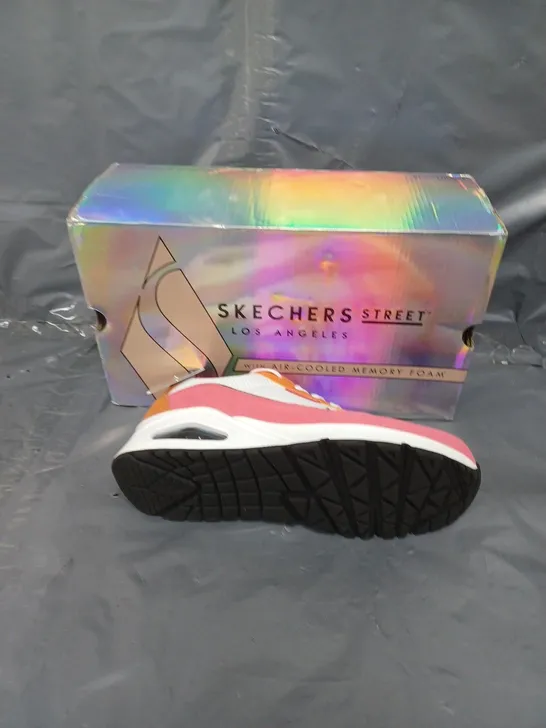 BOXED PAIR OF SKETCHERS STREET 2 MUCH FUN PINK/WHITE/ORANGE SIZE 5 1/2