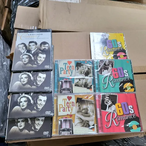 PALLET OF APPROXIMATELY 15 BOXES OF A SIGNIFICANT QUANTITY OF BRAND NEW MUSIC CDS/DVDS TO INCLUDE LEGENDS IN CONCERT, TEEN PARTY AND 60S ROMANCE