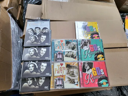 PALLET OF APPROXIMATELY 15 BOXES OF A SIGNIFICANT QUANTITY OF BRAND NEW MUSIC CDS/DVDS TO INCLUDE LEGENDS IN CONCERT, TEEN PARTY AND 60S ROMANCE