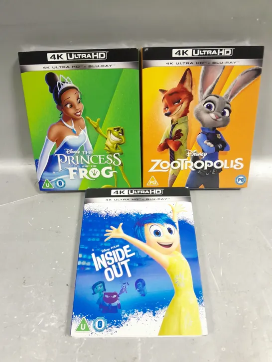 3 X ASSORTED SEALED DISNEY 4K ULTRA HD BLU-RAYS TO INCLUDE ZOOTROPOLIS, INSIDE OUT & PRINCESS AND THE FROG 