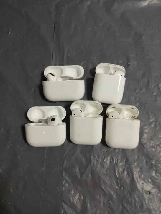 LOT OF 5 ASSORTED APPLE AIRPOD CHARGING CASES + 1 EARBUD TO INCLUDE A1602 1ST GEN, A12897 3RD GEN AND A2190 PRO IN WHITE