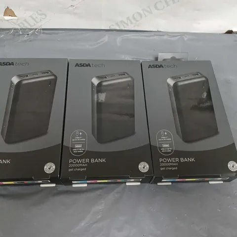 LOT OF 3 ASDA TECH 20,000MAH POWER BANKS