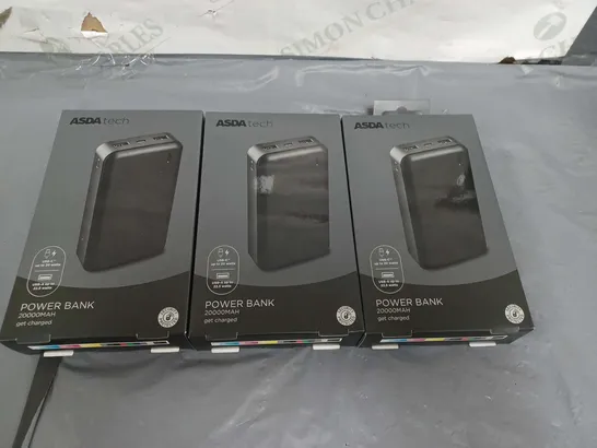 LOT OF 3 ASDA TECH 20,000MAH POWER BANKS