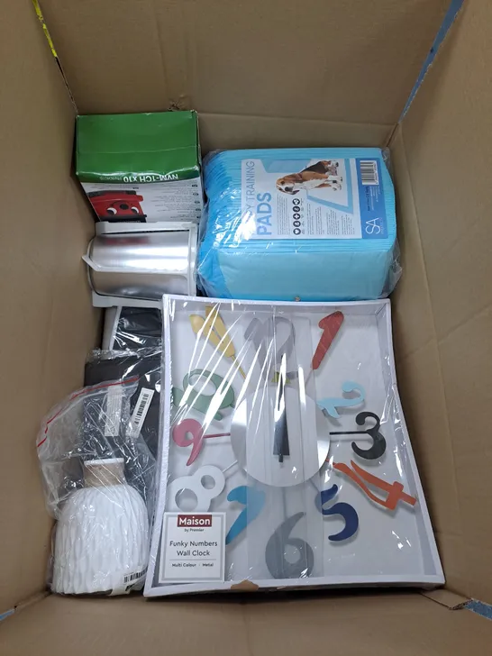 LARGE BOX OF APPROXIMATELY 15 ASSORTED HOUSEHOLD  ITEMS TOO INCLUDE CLOCKS , HOOVER PARTS , CUPS , ETC 