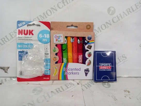 LOT OF APPROXIMATELY 10 ASSORTED HOUSEHOLD ITEMS TO INCLUDE SPORTS DIRECT PLAYING CARDS, PACK OF SCENTED MARKERS, NUK FIRST CHOICE FLOW CONTROL TEAT, ETC