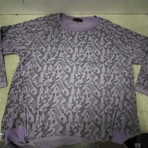 BOX OF APPROXIMATELY 25 FRANK USHER PURPLE SCALE PRINT ZIP DETAIL OVER SIZE JUMPER - SIZE SMALL/MEDIUM